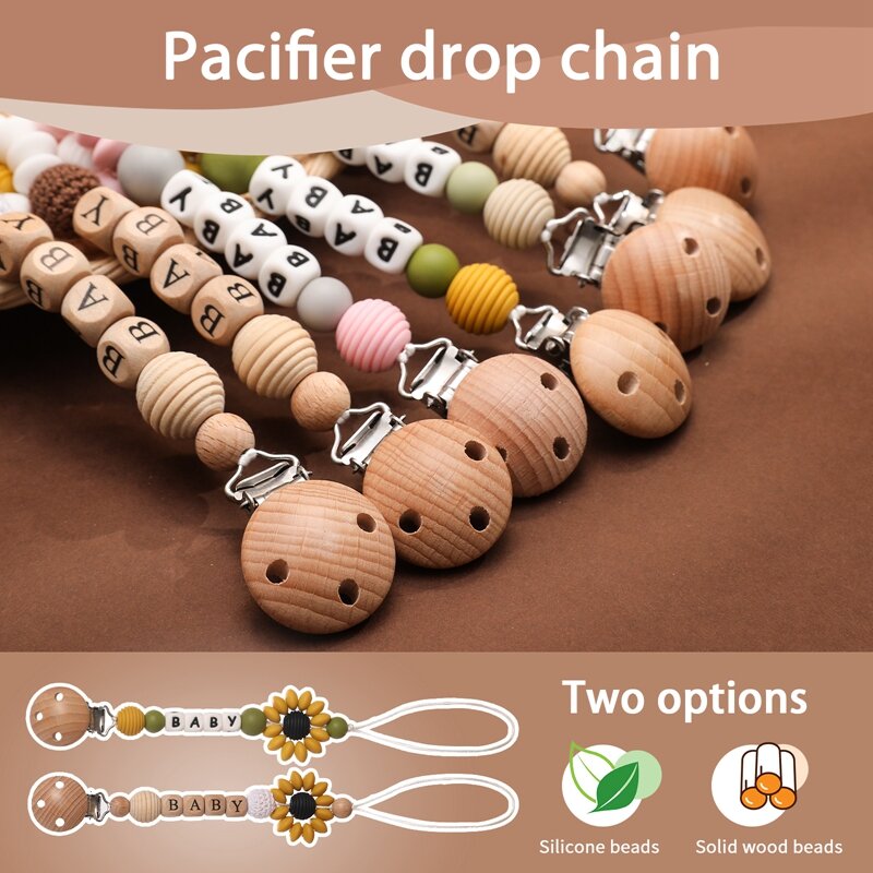 1pc Personalized Name Baby Pacifier Clips Chain Sunflower Wood Pacifier Clips Safe Teething Chain Soother Chew Toy Dummy Clips