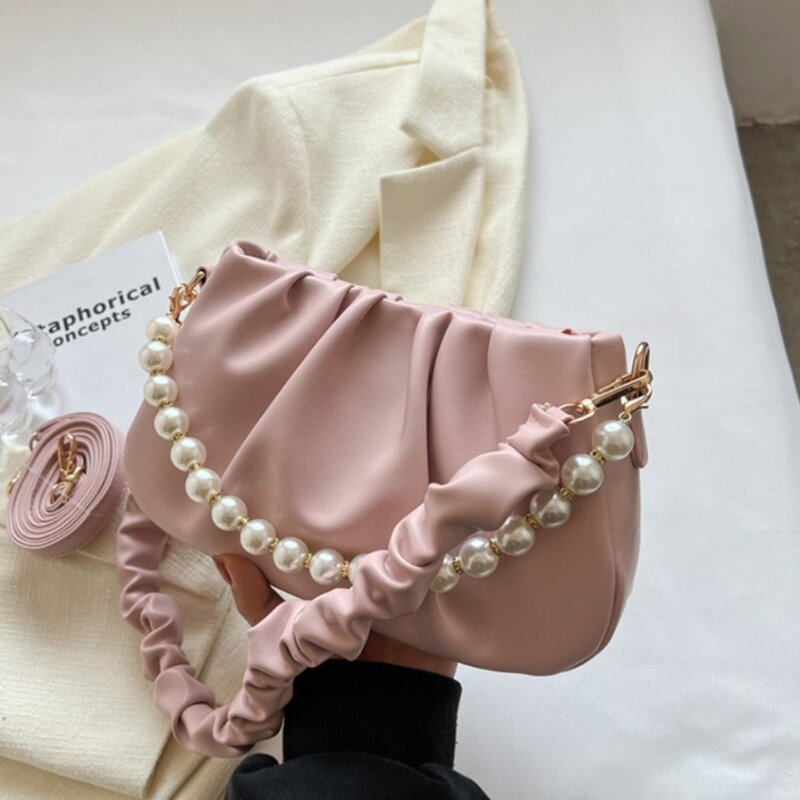Skóra PU chmurowe ramię torebka w stylu koreańskim jednolity kolor perłowy torba z łańcuszkiem na ramię torba na ramię torba listonoszka plisowana torebka