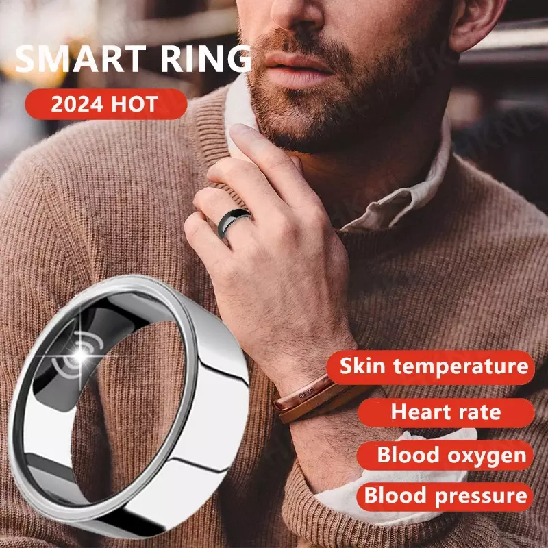 Smart Ring Cincin Pria, cincin pelacak kebugaran multibahasa kesehatan Kalori tidur, suhu oksigen tekanan darah detak jantung emas