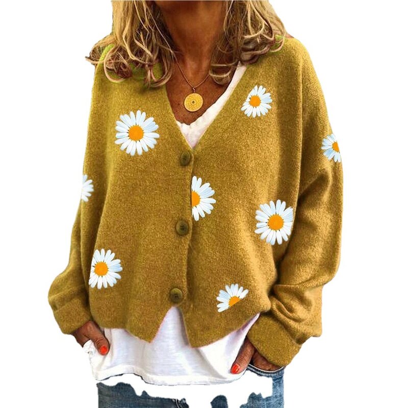 VOLALO-suéter de punto con una hilera de botones para mujer, chaqueta bordada con flores de crisantemo, novedad de otoño, 2024