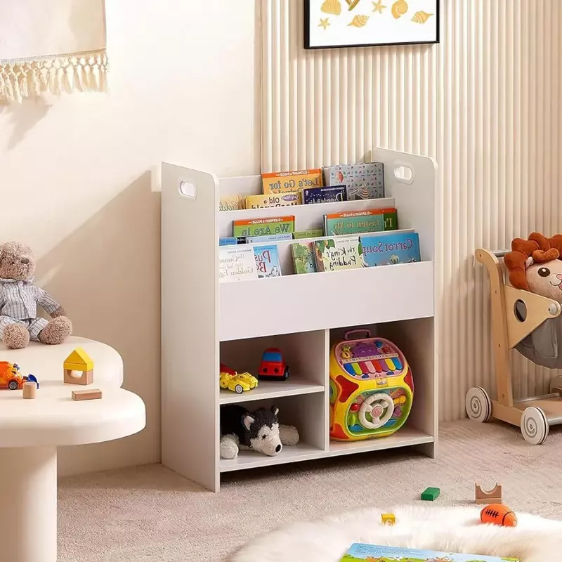 Libreria per bambini, libreria a tracolla per bambini 2 in 1 con librerie e 3 cubi di diverse dimensioni, armadietto per giocattoli in legno