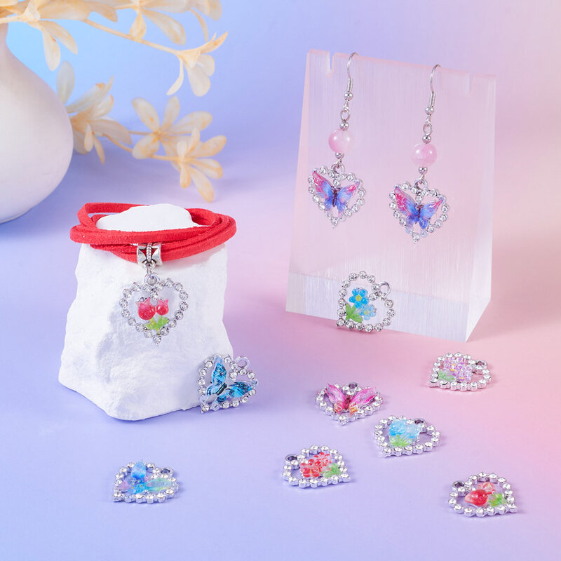 20 buah paduan berlian imitasi hati dengan bunga liontin kupu-kupu jimat untuk DIY anting kalung membuat perhiasan