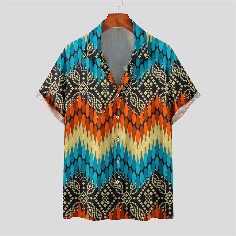 Camisa Retro de manga corta para hombre, camisa informal con solapa, estampado Digital multicolor, moda de verano