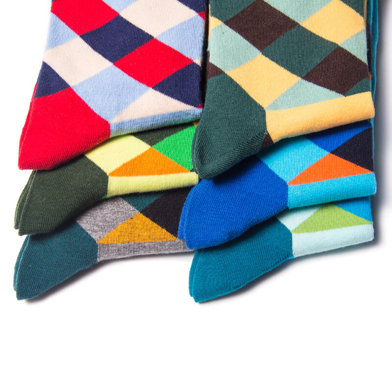 Chaussettes rétro en coton peigné pour hommes, tendance, couleurs durables, design losange géométrique, fête, affaires, hommes, 6 paires par paquet