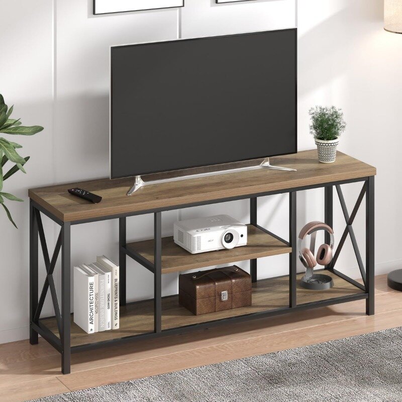 TV Stand for TV up to 65 inch, Rustic Wood and Metal Entertainment Center with Storage Shelves, Modern Industrial Media TV