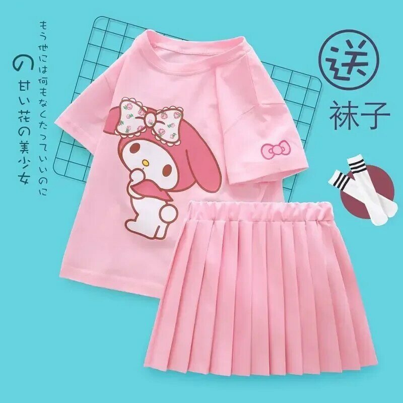 2024 산리오 마이 멜로디 여름 어린이 플리츠 스커트, JK 세트 소녀 만화 귀여운 티셔츠, 짧은 소매