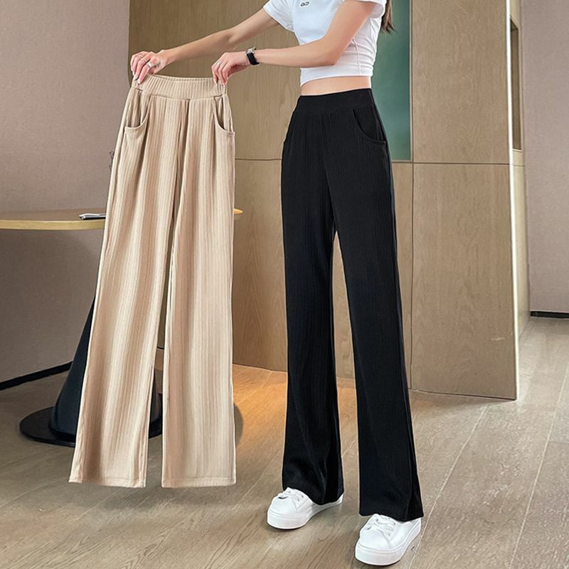 Celana Kaki Lebar Pinggang Elastis Warna Polos Saku Kesederhanaan Musim Panas Pakaian Wanita Celana Panjang Tipis Longgar Berlipat Wanita Kantor