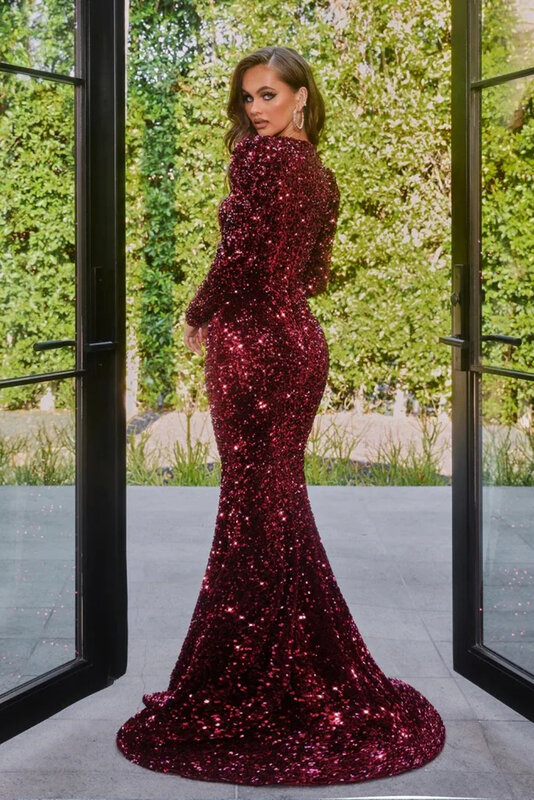 Glitter Sequins Mermaid Evening Dresses Arabic Aso Ebi Long Sleeve Formal Occasion Prom Gowns Sweep Train Front Split Sexy Dress