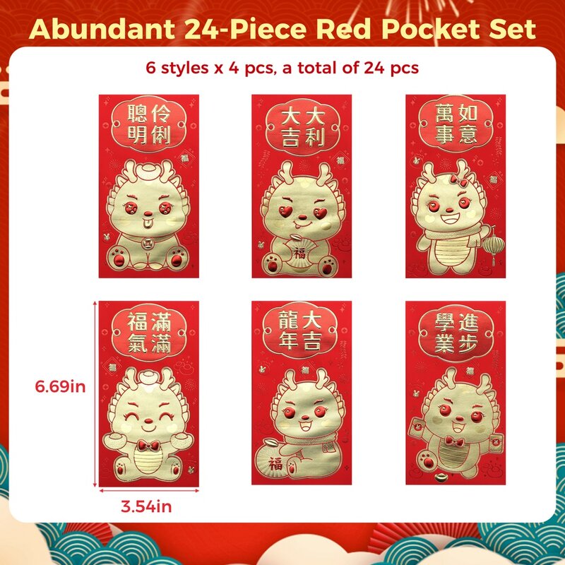 24 szt. Noworoczne czerwone koperty urocze smocze chiński czerwony kieszenie na 2024 rok Dragon Spring Festival Lucky Hong Bao
