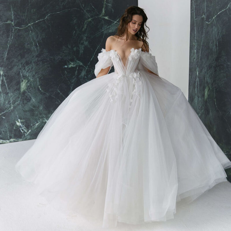 Gaun Pernikahan Bunga 3D Penjualan Laris Anggun dengan Lengan Dapat Dilepas Gaun Pernikahan Gaun Pengantin Sweetheart Aplikasi Punggung Terbuka