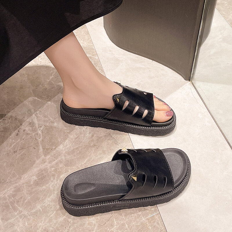 Sandal Platform sepatu wanita, sneaker Wanita hak putih untuk rumah datar musim panas tanpa alas kaki kasual Slip-on wanita