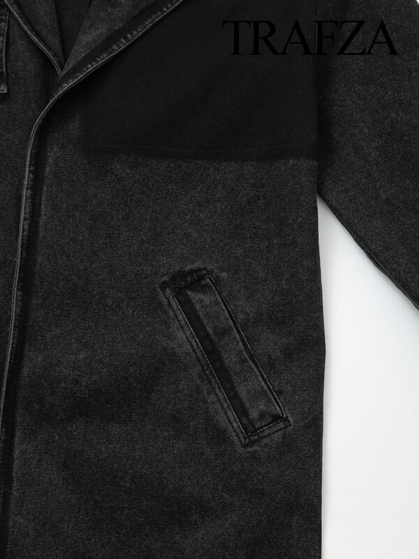 TRAFZA wiosenna luźna uliczna czarna dżinsowa wiatrówka dla kobiet 2024 z długimi rękawami w stylu Vintage patchworkowa modne płaszcze z klapą