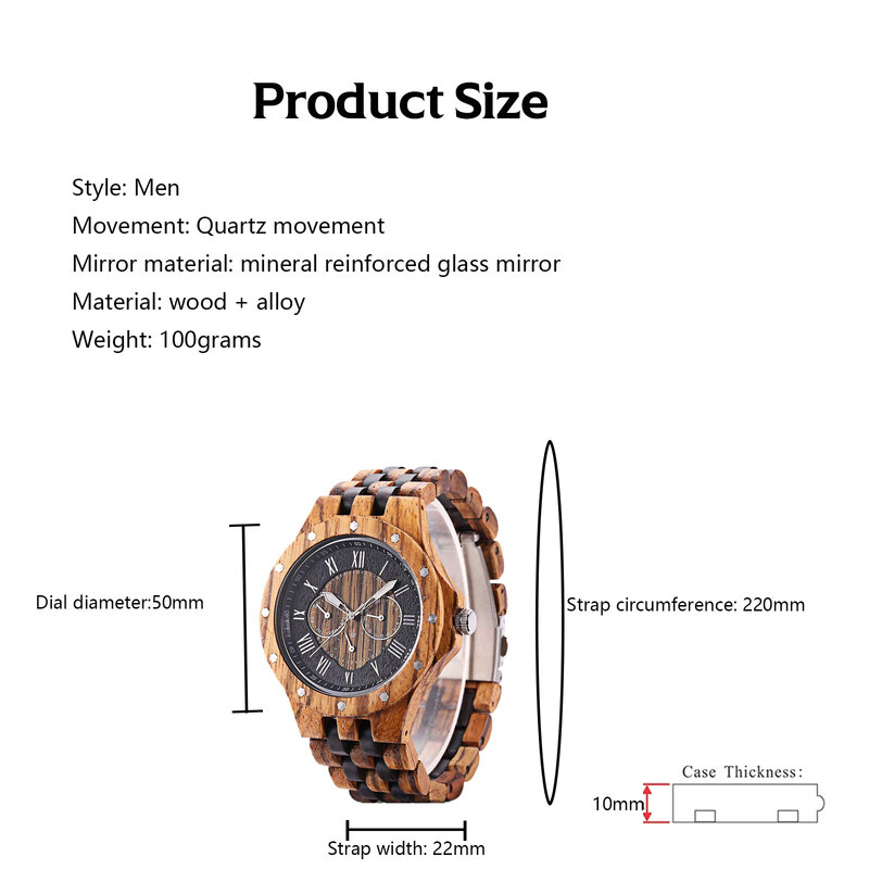 Herren Holz Quarz Armbanduhren römische Ziffer Skala Datum leuchtende analoge Uhr, Armband