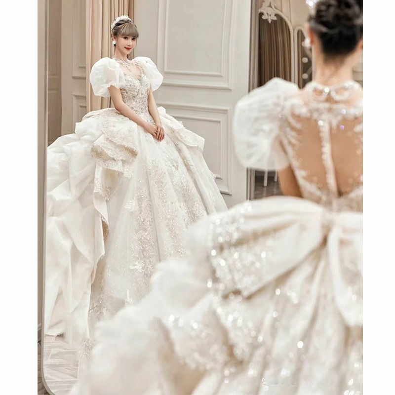 Dubai arábia cristal lantejoulas bola vestido de casamento vestido brilho luxruy vestido de noiva das mulheres 2023 mangas inchadas casamento robe de mariée
