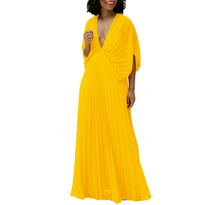 Bat Sleeve V-neck African Pleated Dresses For Women 2024 Summer Long Dress Plus Size Clothing Party Robe Femmes African Clothes