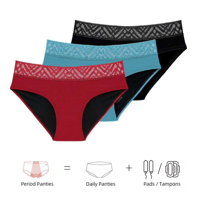 Slip menstruel en dentelle de nylon pour femme, sous-vêtement mi-hauteur, 4 couches, culotte anti-retard, lingerie pour femme, 9149