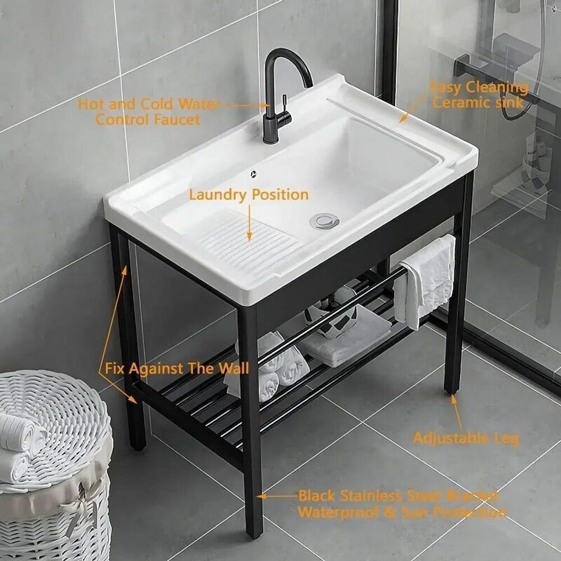 Freestanding Sink 28.3" × 19" × 32.3" Ceramic Utility Sink with Washboard Set with Bracket and Drain Kit