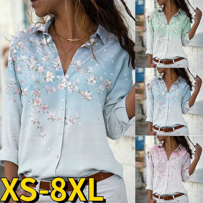 2022 New Women Blouses Autumn Winter V-neck Blouse Long Sleeve Tops Lady Everyday Oversize Shirts Fashion Floral Print Tops