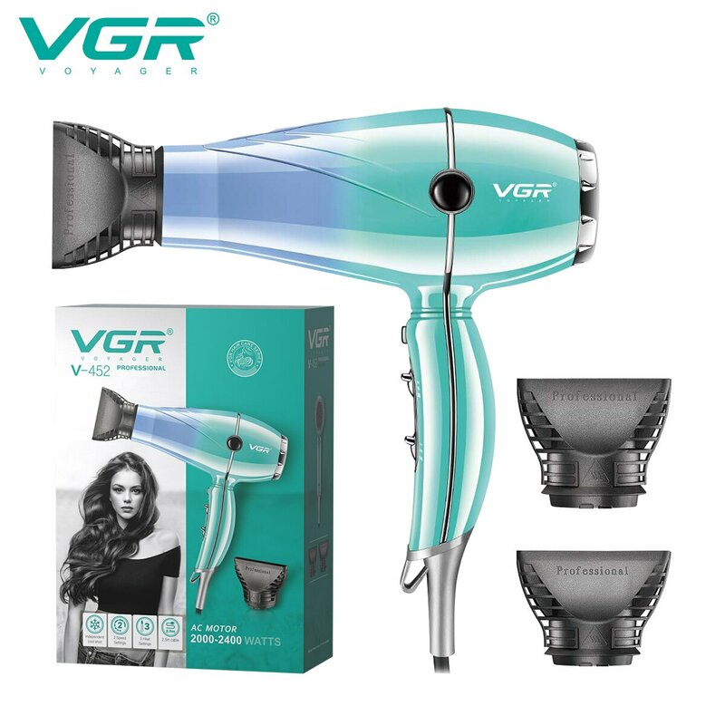 VGR alta potência profissional cabelo secador, proteção de superaquecimento, forte vento secagem, cabelo cuidado styling ferramenta, 2400W, V-452