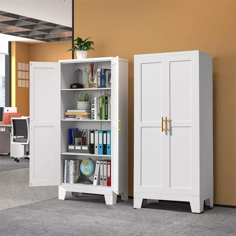 White Metal Storage Cabinet, 61" Steel File Cabinet for Home Office, Kitchen Pantry Storage Cabinet with Doors and 3 Adjustable