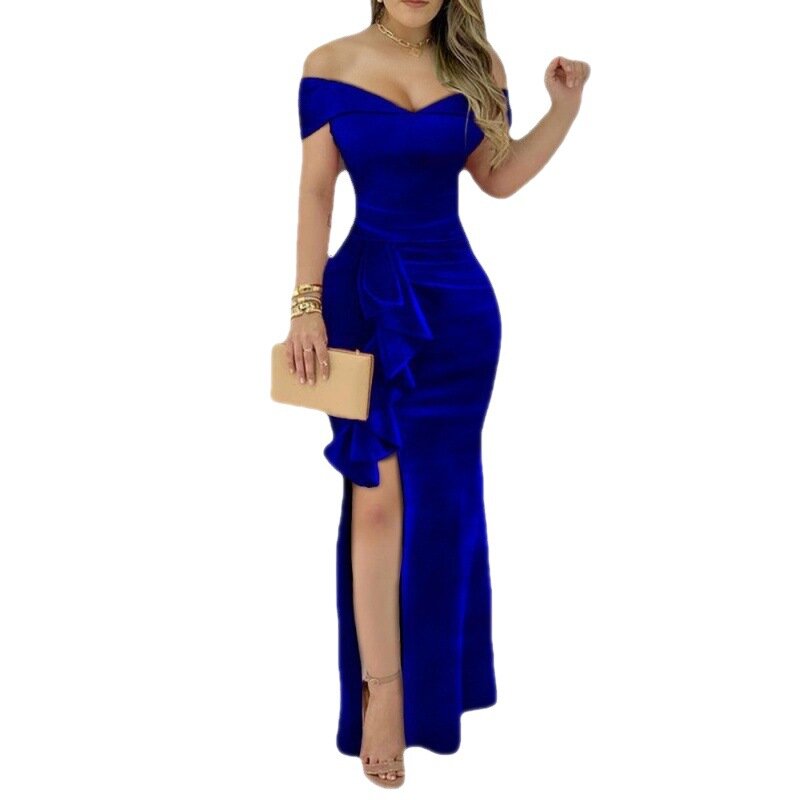 Vestido de festa azul veludo para mulheres, vestido sem alças, sexy maxi bodycon, alta divisão, ruched, vestidos de baile, festa formal