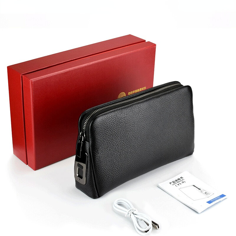 Bolsa de couro de impressão digital masculina, carteira longa, bolsa para celular, bolsa mensageiro masculina, carteira anti-roubo