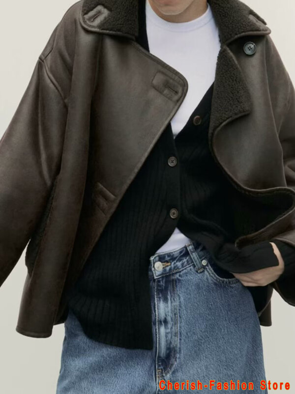 Модная женская куртка, утепленная теплая меховая куртка из искусственной кожи, винтажное Свободное пальто на молнии, Осень-зима, женская уличная брендовая куртка