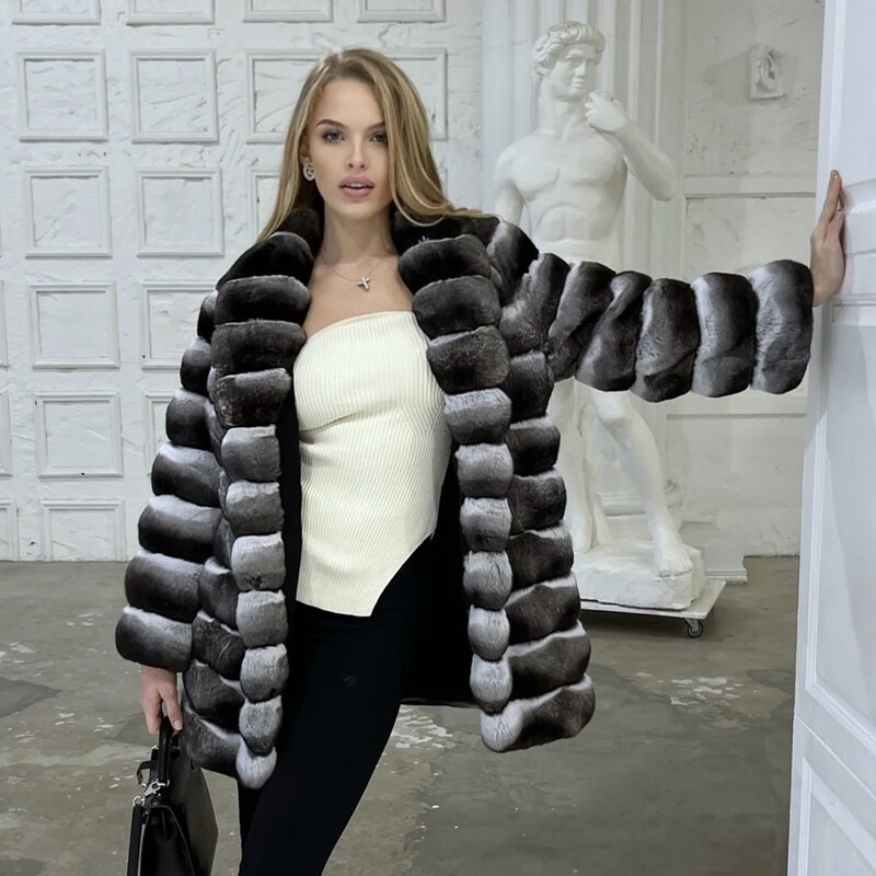 Cappotto di pelliccia di coniglio Rex naturale da donna con collo di pelliccia giacca invernale calda da donna giacca di pelliccia di cincillà caldo cappotto di pelliccia reale nuovo