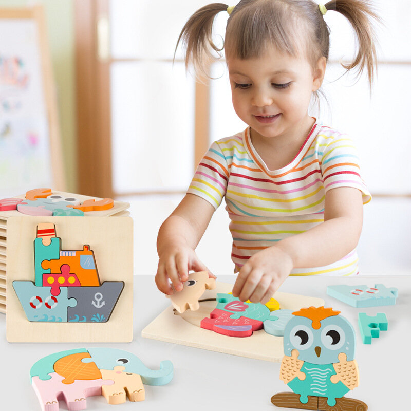 Mainan Edukasi Puzzle Kayu 3D Bayi Kualitas Tinggi Kognisi Pembelajaran Dini Puzzle Kecerdasan Genggam Kartun Anak-anak