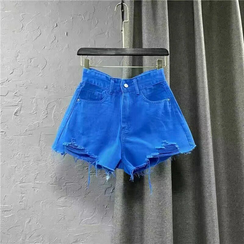 Candy Colored Distressed Denim Shorts Women's High Waisted Green A-line Hot Pants 2024 New Summer Korean Wide Leg Pants Female