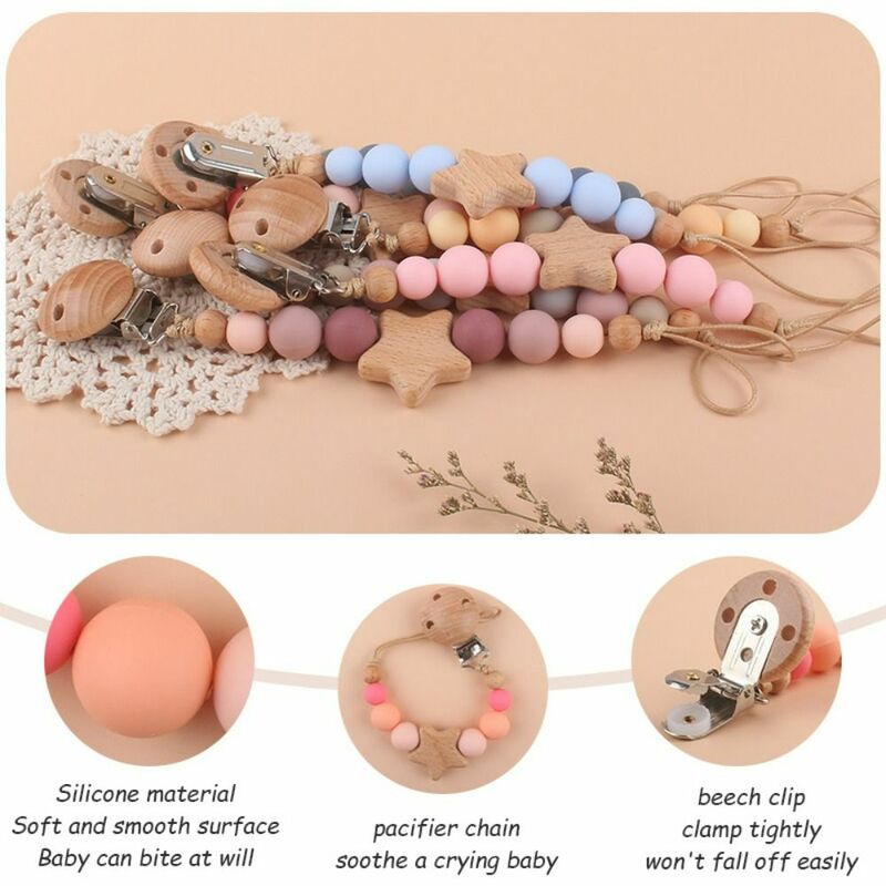 Cute Toddler Children Wood Nipple Holder Clips Baby Teether Toys Straps Dummy Clips Baby Pacifier Chain Pacifier Holder Clips