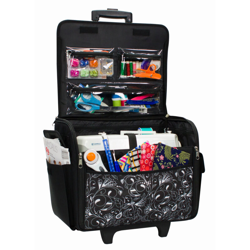 Everything Mary Rolling Sewing Machine Storage and Transport Tote, Black & White with Wheels
