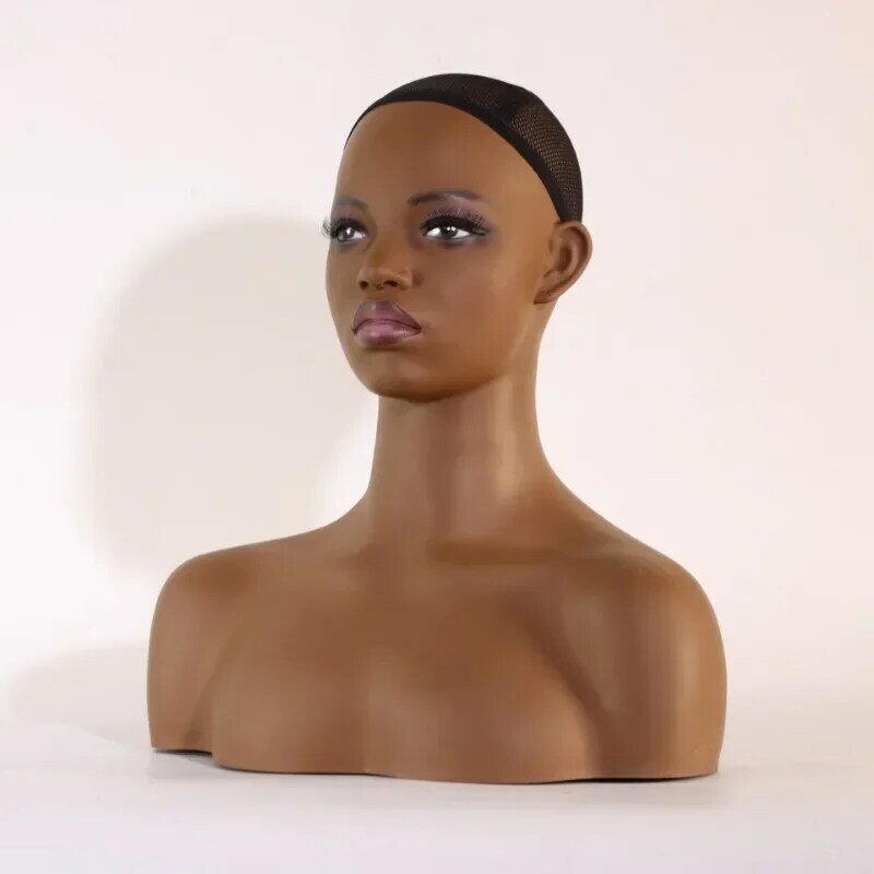 Realistic Afro Female Mannequin Dummy Head with Shoulders Manikin Doll Head Bust for Wigs Hats Jewelry Display