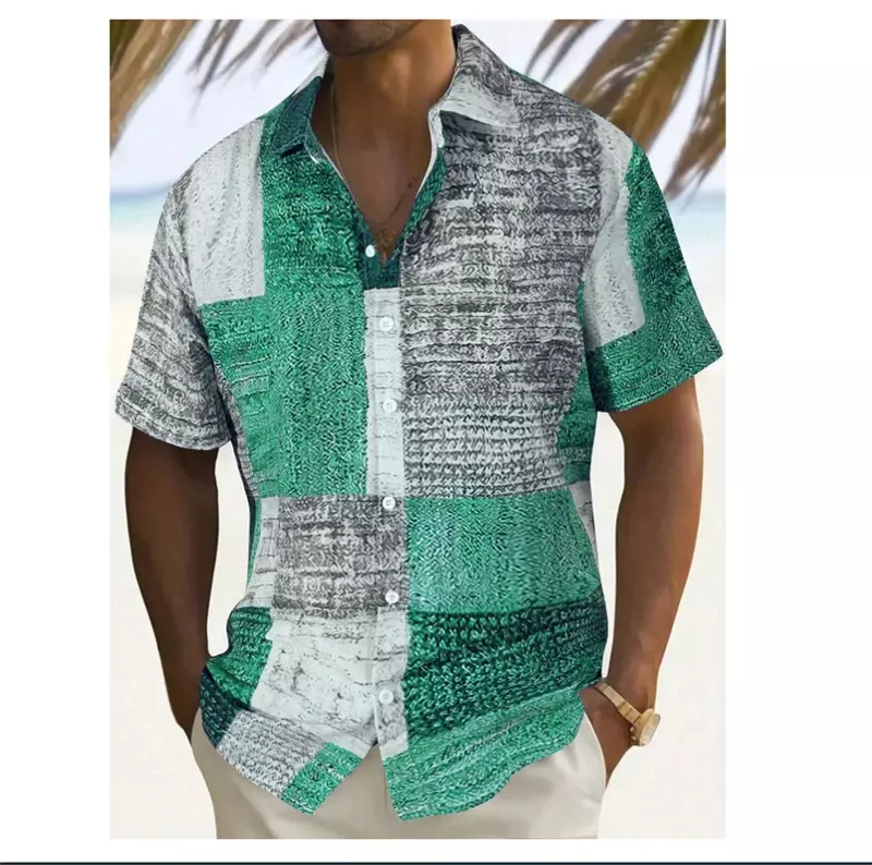 Men's short sleeved shirt square creative printing collar shirt fashionable retro street high-quality comfortable clothing