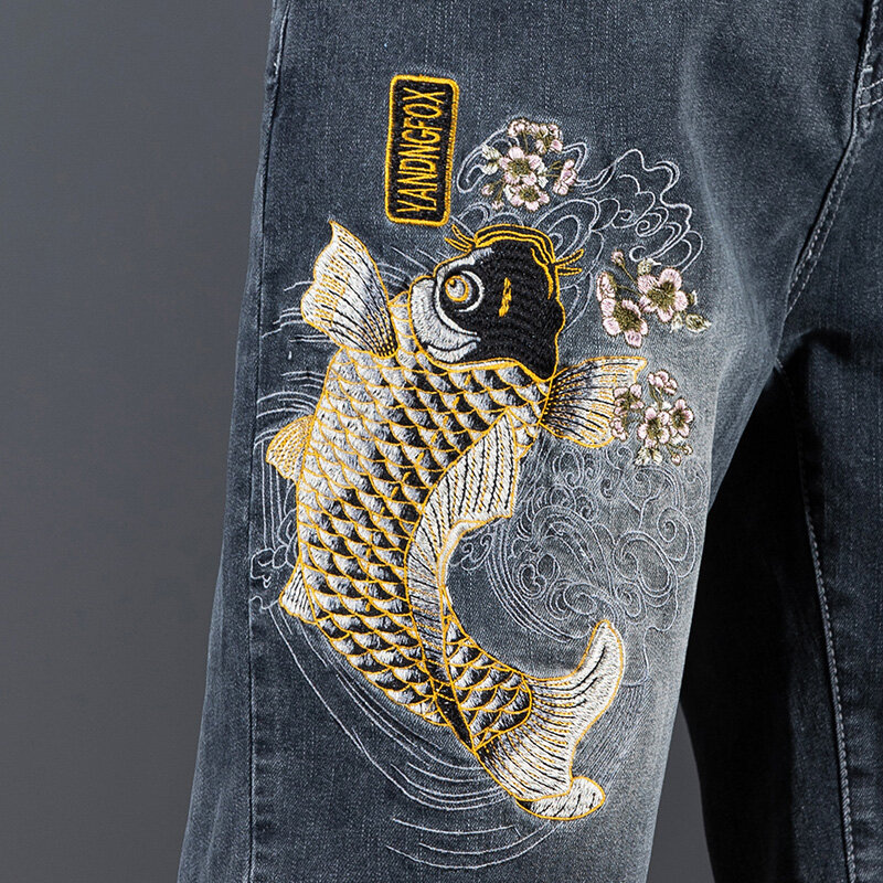 Джинсовые шорты с вышивкой в китайском стиле, мужские модные дизайнерские свободные эластичные рваные уличные трендовые ретро шорты