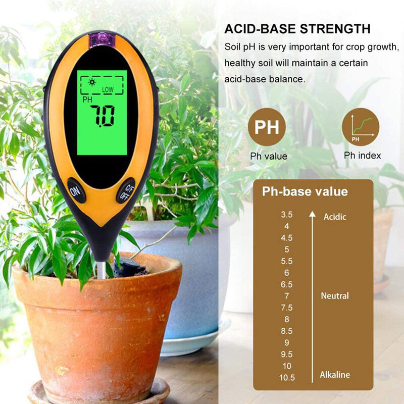 Probador de PH del suelo 4 en 1, medidor de humedad/temperatura/suelo, luz de PH, medidor de acidez de humedad de plantas, instrumento de medida, nuevo
