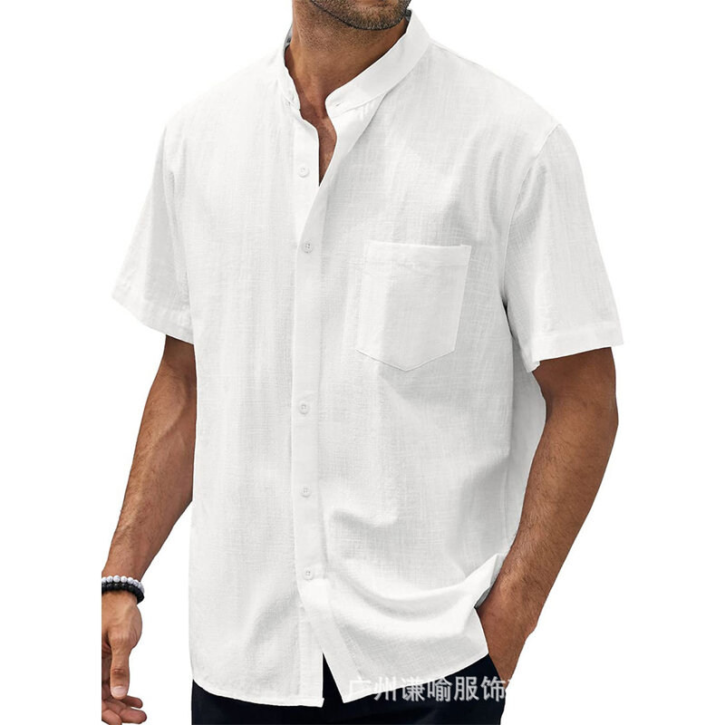 New Men's Casual Stand Up Collar Summer Solid Color Short Sleeve Linen Shirt Trendy Breathable Loose Youth Basic Pocket Top