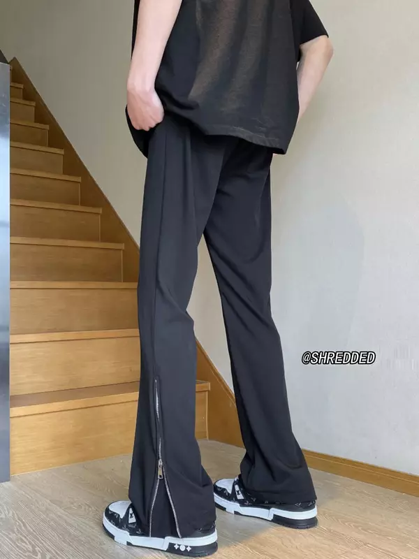 Calça de terno cinza masculina com zíper dividir micro puxar calça casual reta, efeito drapejar