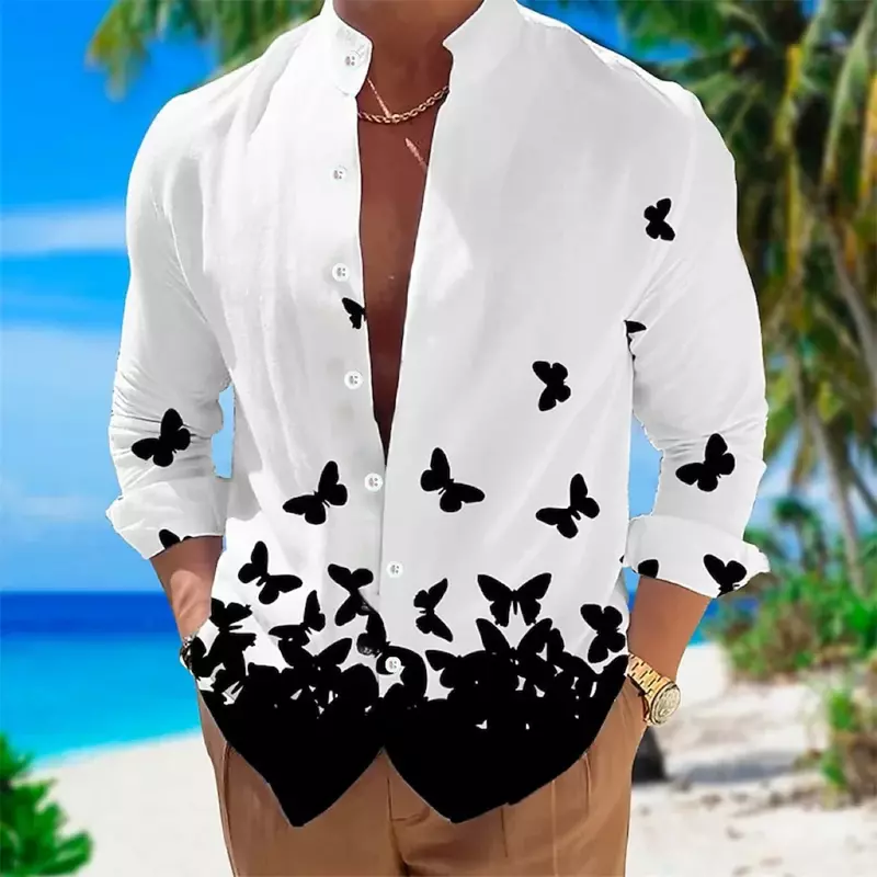 Fashionable men's butterfly 3D printed solid color top Hawaii leisure vacation lapel button long sleeved shirt plus size
