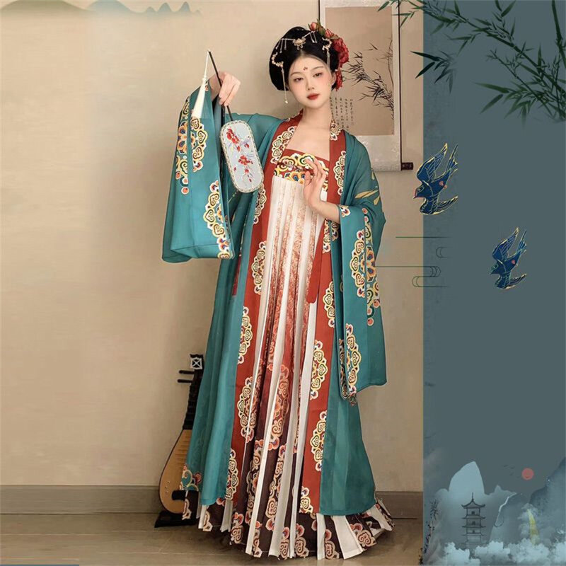 Ретро сказочное женское китайское платье ханьфу старинное винтажное цветочное женское праздничное традиционное платье династии Тан