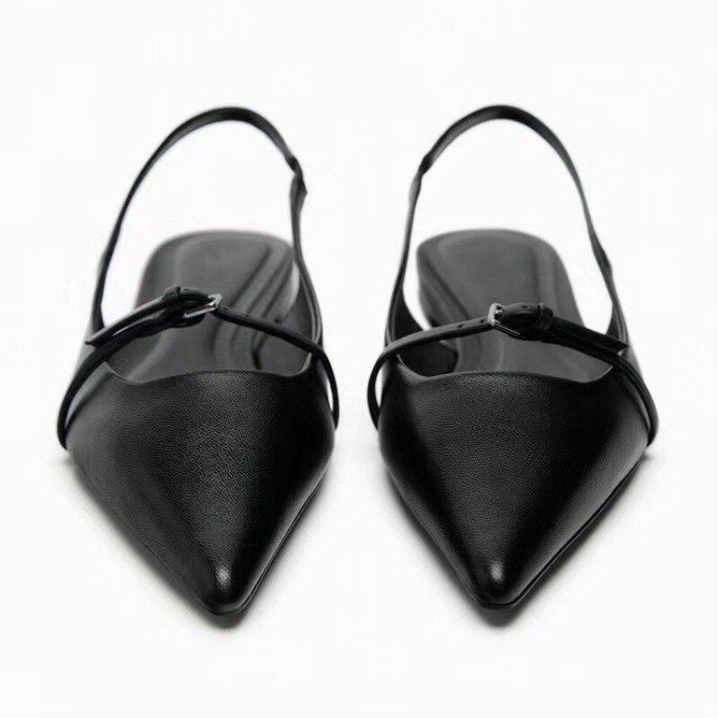 Sandálias pretas de dedo apontado para mulheres, sapatos Slingback Flats, senhora do escritório mulas, nova moda, verão, 2022