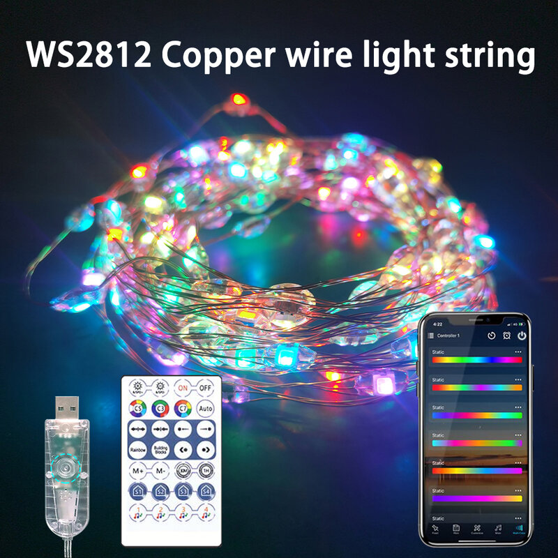 Natal Copper Wire String Lights, Dreamcolor RGB, USB, Bluetooth Música, String Lights, DC 5V, 200LEDs, WS2812B, RGB, Fada