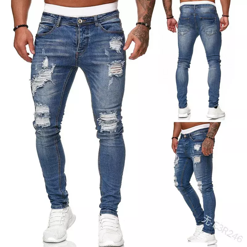 Брюки мужские стрейчевые, повседневные рваные джинсы в стиле пэчворк, узкие облегающие брюки-карандаш из денима, уличная одежда на осень-зиму