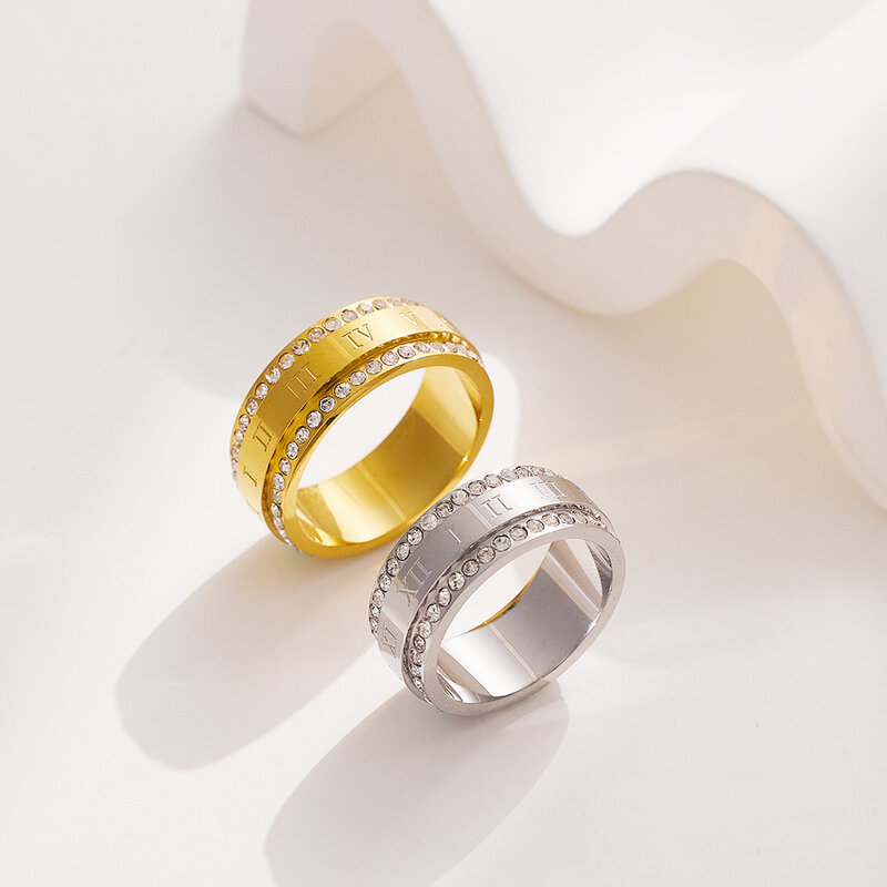 Cincin baja Titanium zirkon baris ganda dipoles tinggi, perhiasan jari berlapis emas 18K tahan air tidak alergi setelan untuk hadiah wanita
