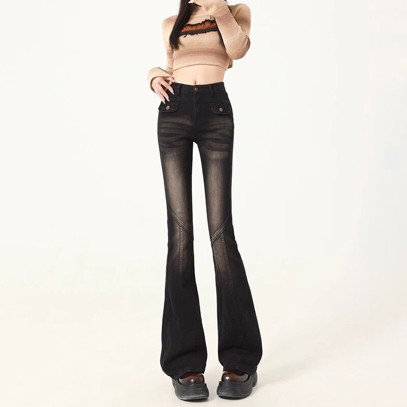 Black and gray retro micro flare jeans female spring and autumn models high-waisted thin horseshoe pants small drag pants