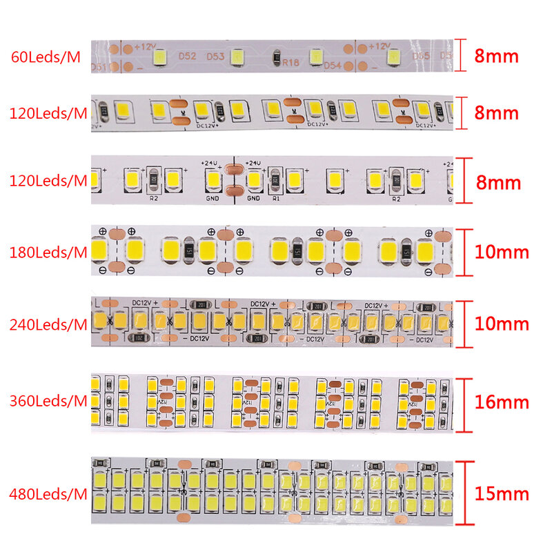Bande lumineuse flexible à LED SMD 2835, 12V, 24V, 5m, 120, 240, 480 diodes/m, ruban étanche, diode, décor de pièce, chaud, naturel, blanc froid