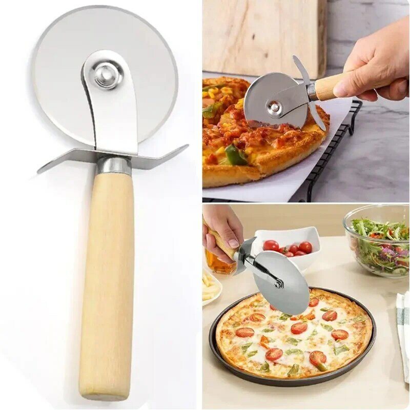 Nóż do pizzy ze stali nierdzewnej drewniany uchwyt do cięcia ciasto makaronowe do ciasta narzędzia do pieczenia akcesoria kuchenne