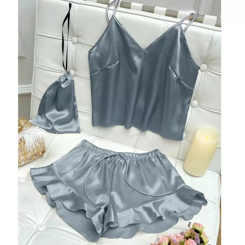 Conjunto de 2 piezas de ropa interior Sexy para mujer, pijama de seda satinada con camisola y pantalones cortos