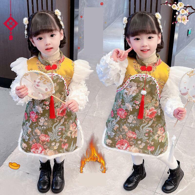 Vestido de Año Nuevo para niñas, de algodón bordado Cheongsam, traje Tang, Qipao chino encantador, ropa acolchada de algodón