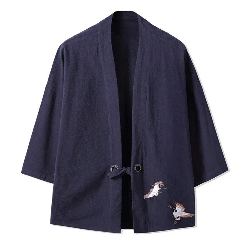 Kimono Haori bordado de grulla para hombre y mujer, chaqueta de estilo japonés Harajuku, talla grande, disfraz de samurái Yukata, ropa asiática